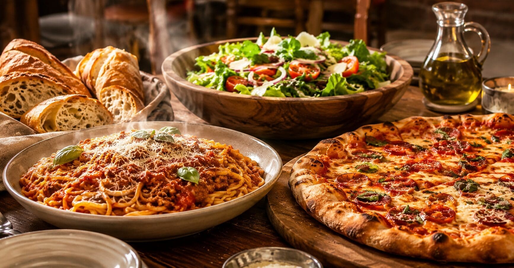 Italian family meal delivery near Disneyland — pasta, pizza, salad, and bread
