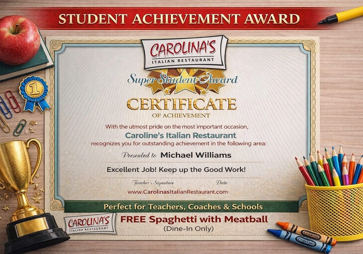 Student achievement award program Orange County Carolina's Italian Restaurant